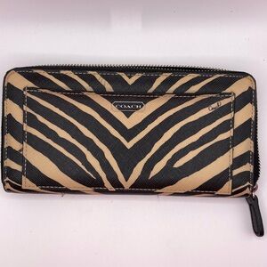 Coach Zebra-Stripe Zip Wallet — Black & Tan